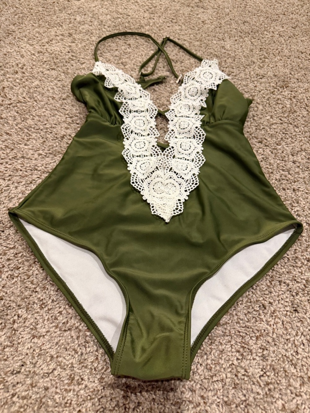 Olive Green One-Piece Swimsuit with White Crochet V-Plunge